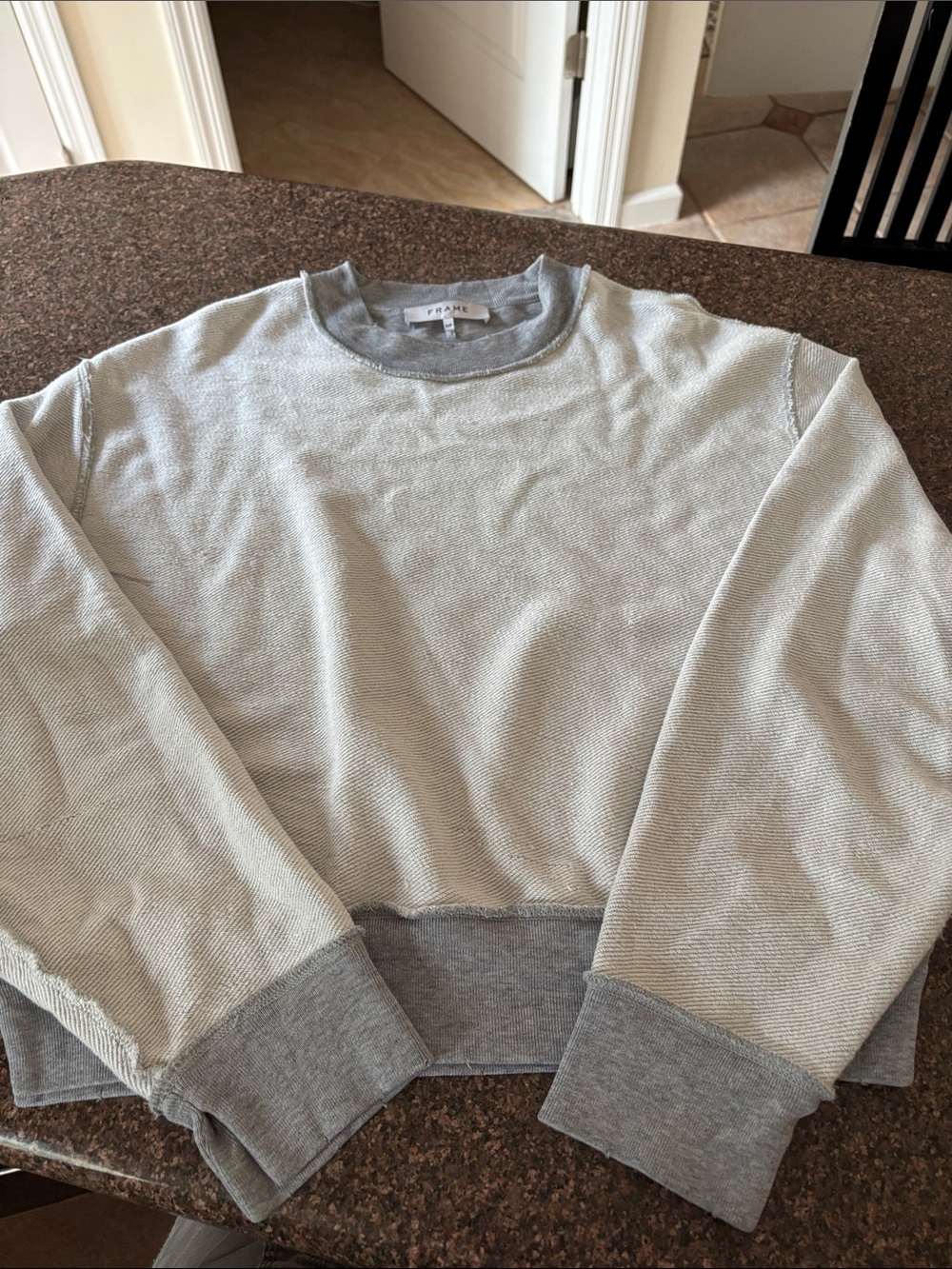 Frame Denim Light Gray Crewneck Sweatshirt with Contrast Trim - Picture 3 of 5